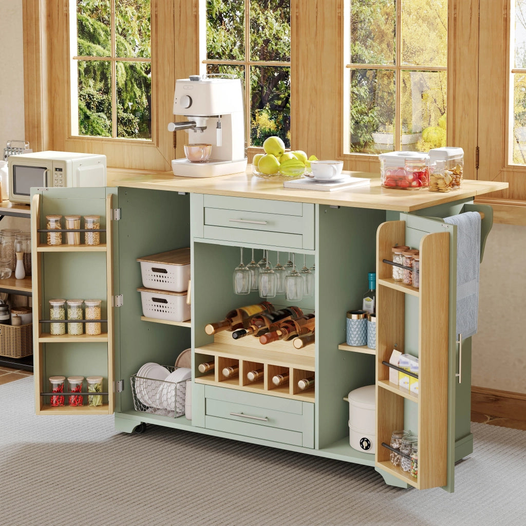 Carrello da cucina con piano estraibile; 2 ante e 2 cassetti con porta bottiglie; in MDF; verde antico; 138×70×92 cm