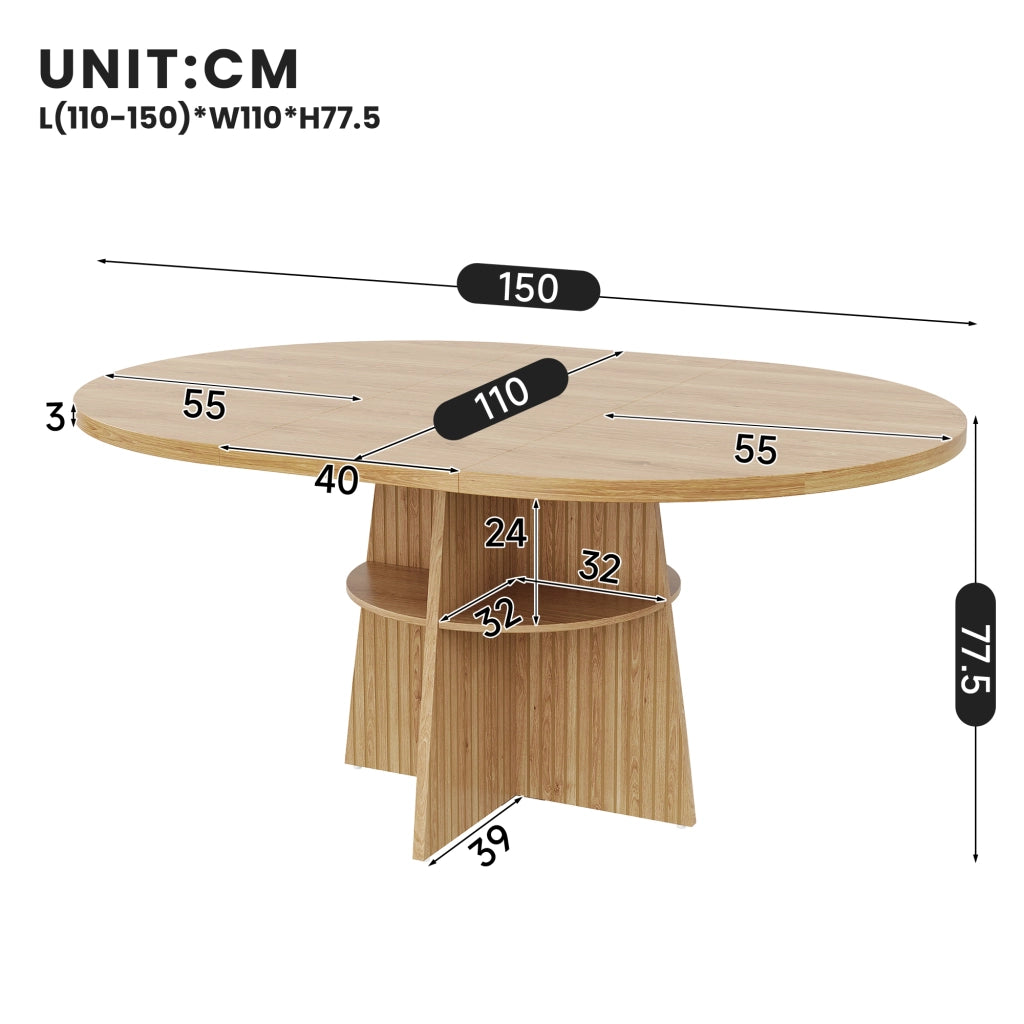 Tavolo da pranzo rotondo allungabile 110-150x110x77,5 cm, design moderno effetto legno naturale