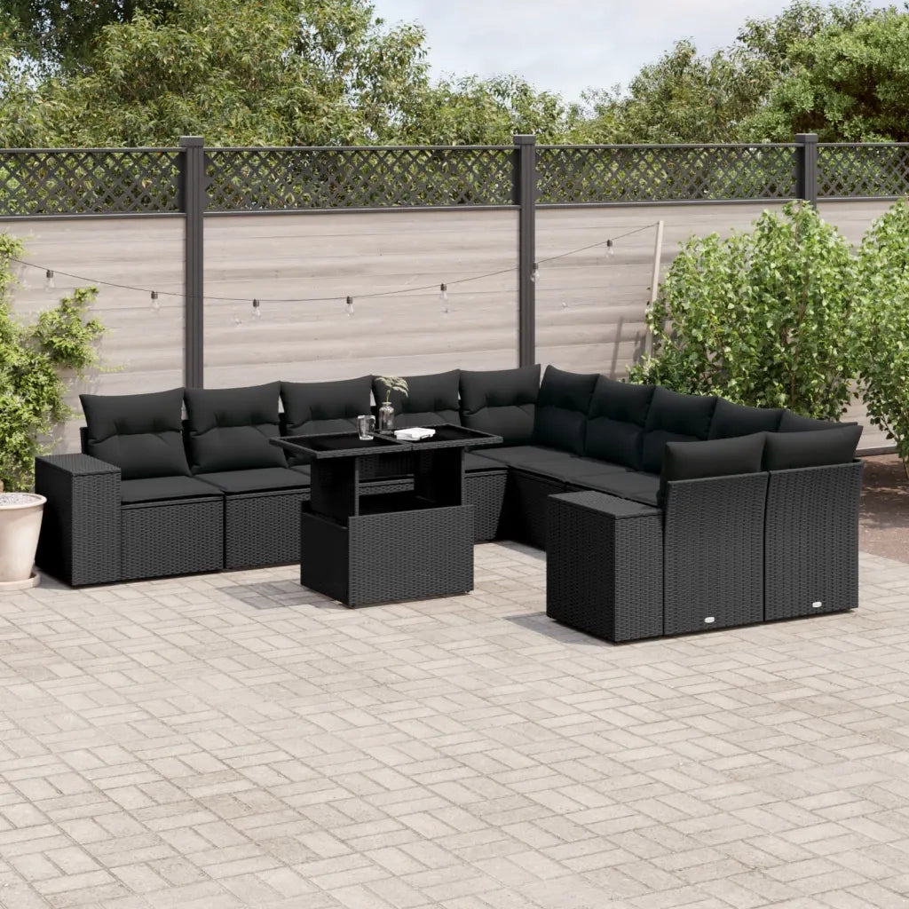 Set Divani da Giardino 11 pz con Cuscini in Polyrattan Nero