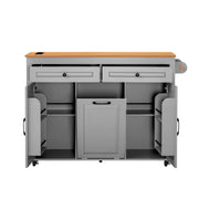 Isola Cucina Mobile con Ruote e Piano Estensibile 120×40-75 cm; Vano Porta Rifiuti; Prese AC/USB-C e Spazio Contenitore Grigio