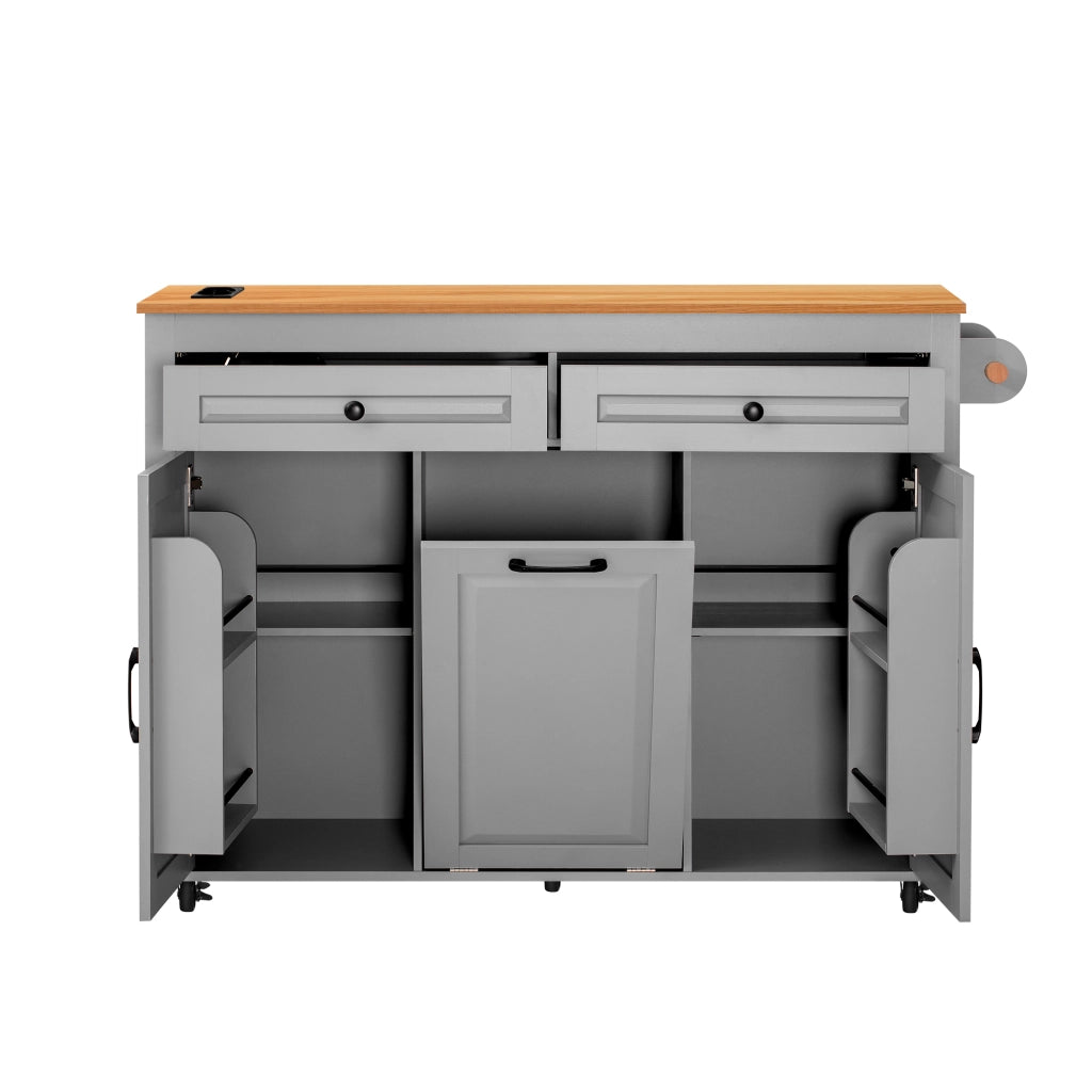 Isola Cucina Mobile con Ruote e Piano Estensibile 120×40-75 cm; Vano Porta Rifiuti; Prese AC/USB-C e Spazio Contenitore Grigio