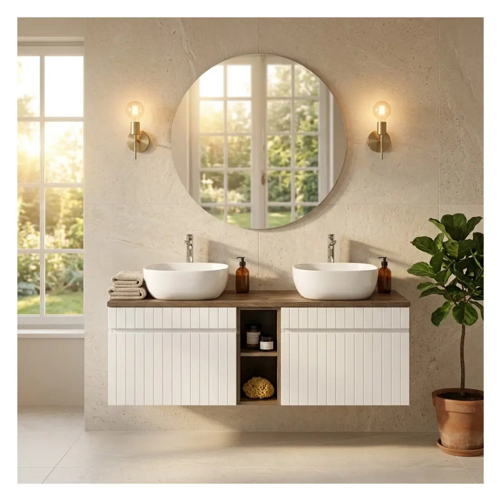 Set ICON bianco: mobili sotto lavabo 180cm con nicchie visibili + piano per lavabo + due lavabi da appoggio bianchi