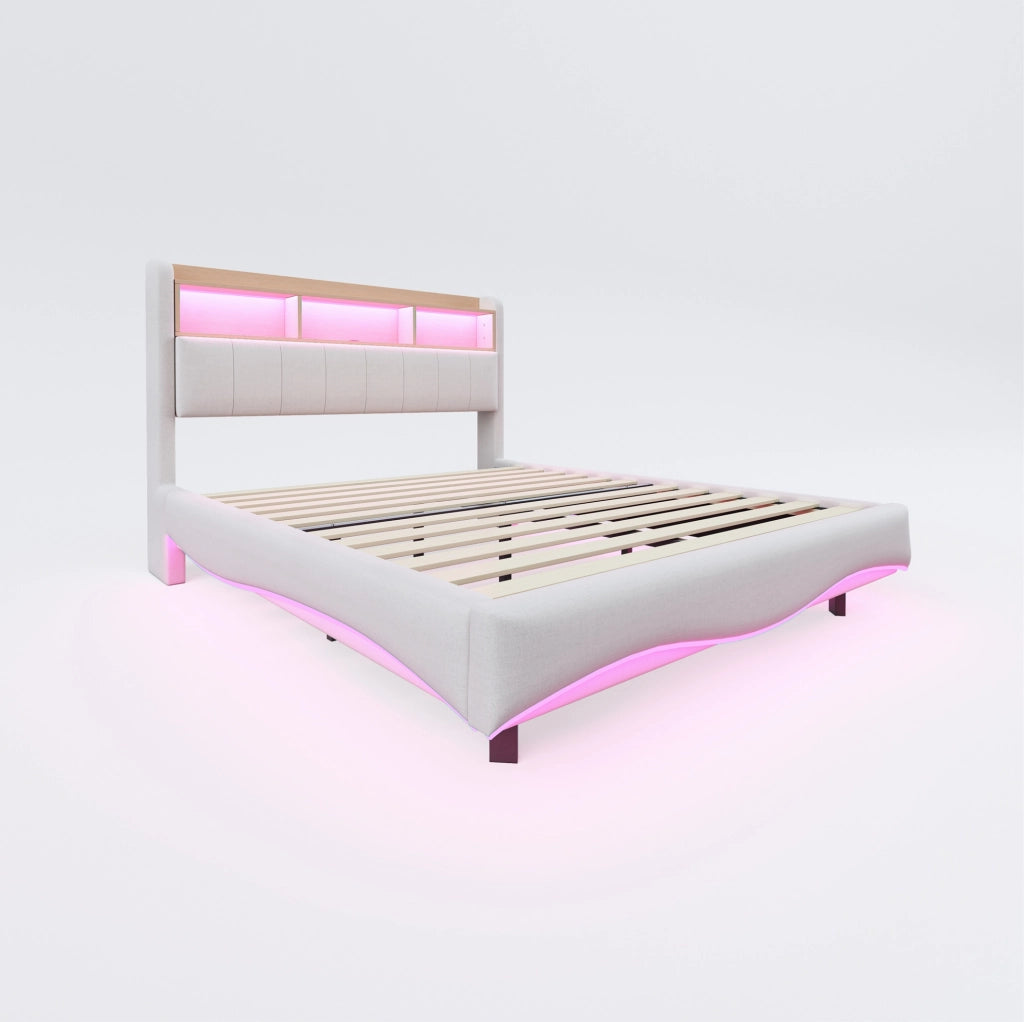 Letto imbottito 160x200 con LED, USB-C e vano contenitivo beige