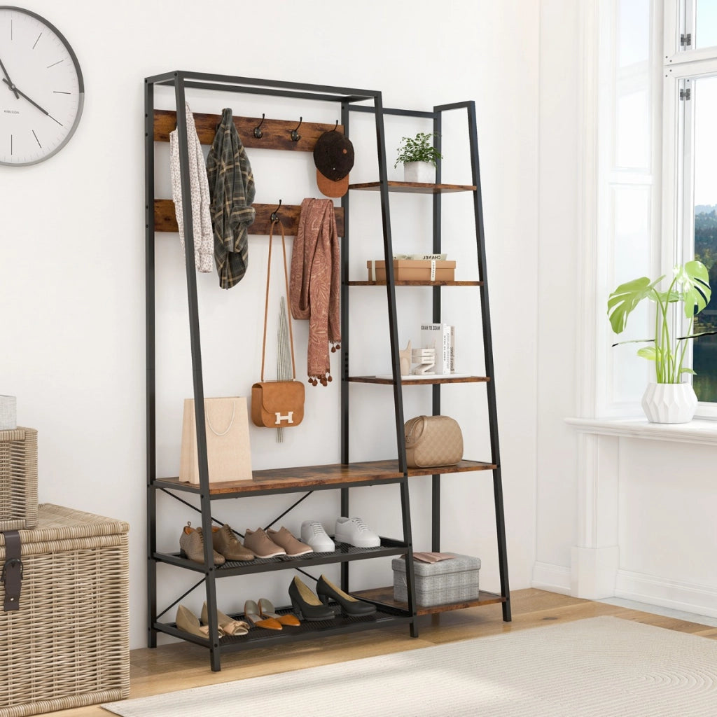 Appendiabiti con ripiani 9 ganci 5 ripiani laterali e 2 ripiani in rete, Scaffale d'ingresso 5-in-1 in metallo Marrone