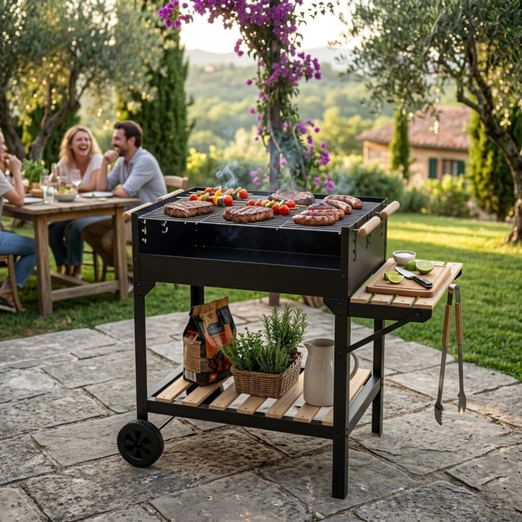 Barbecue Da Esterno Con Griglia Regolabile Ripiano Porta Accessori Laterale E Inferiore Acciaio Robusto Con Ruote Per Terrazza E Outdoor Cooking 122 x 53 x 100 Cm Nero