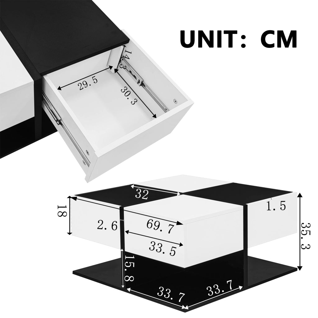Tavolino basso quadrato con 2 cassetti e vano contenitore per soggiorno in pannello truciolare nero e bianco 70 × 70 × 35,5 cm