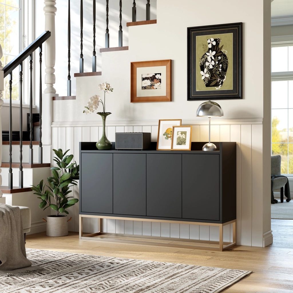 Credenza buffet 120cm nera, mobile soggiorno in pannello di particelle con base metallo oro, 4 ante push‑to‑open, ripiani regolabili, mobile da ingresso sala da pranzo