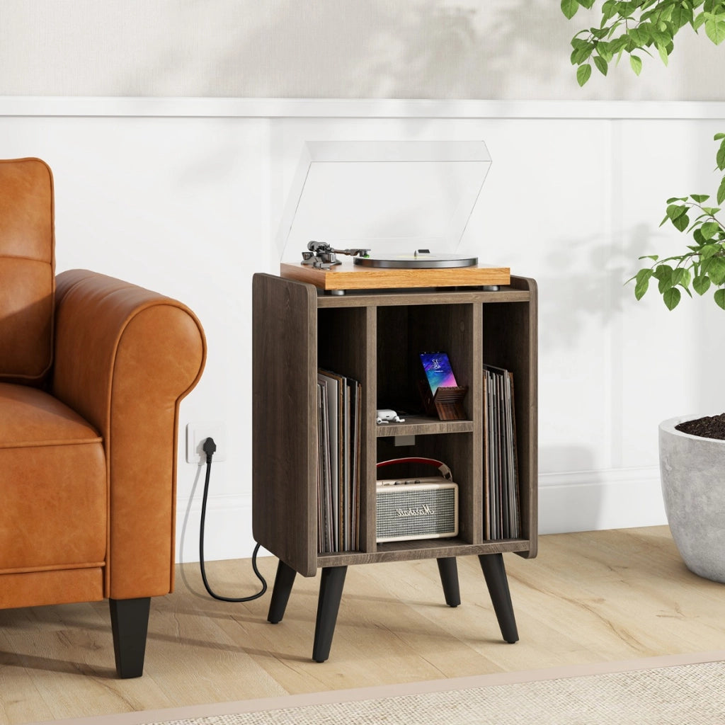 Supporto per giradischi con 4 ripiani aperti presa di corrente e porta USB-Porta vinili con mensole espositive Marrone