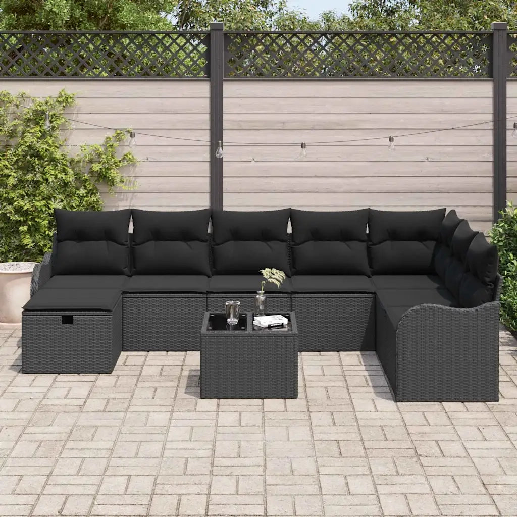 Set Divano da Giardino con cuscino 9 pcs Nero Poly Rattan