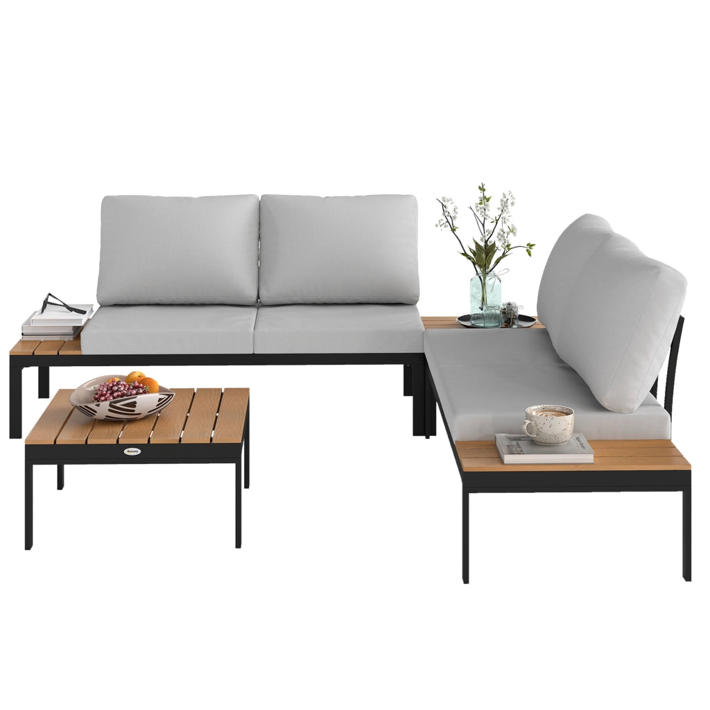 Set da Giardino 4 Pezzi con 2 Divanetti 2 Posti e 2 Tavolini in Metallo e Legno Composito, Grigio Nero e Teak