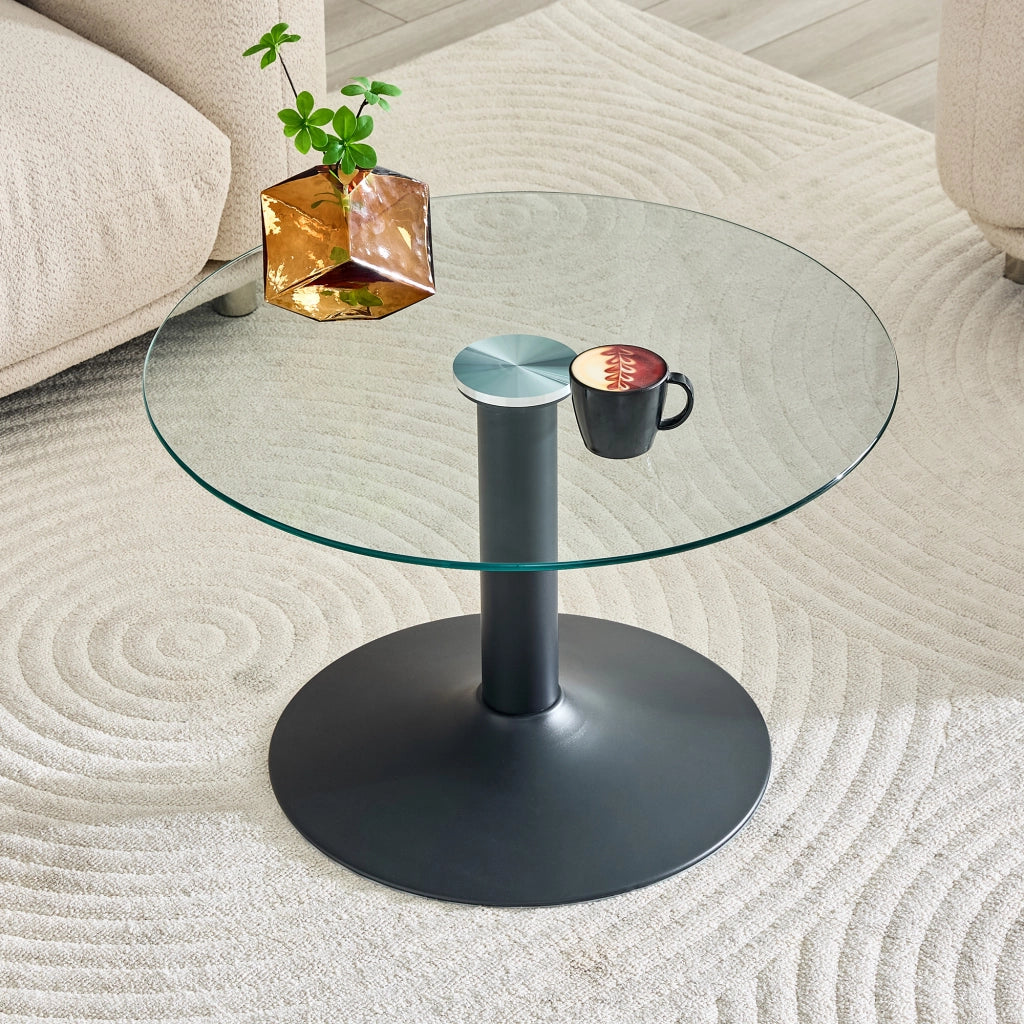 Tavolino rotondo in vetro ca. 70 cm con struttura in metallo, design moderno per soggiorno, colore nero