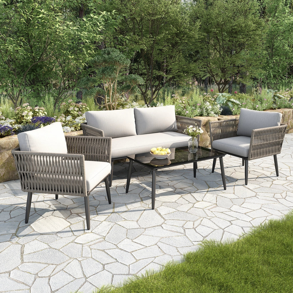 OKWISH Set da 4 Pezzi da Giardino con Divano 2 Posti, 2 Poltrone e Tavolino con Piano in Vetro, Acciaio Zincato Grigio