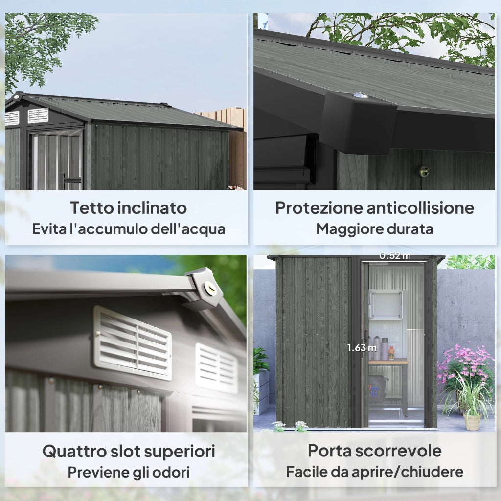 Casetta da Giardino Porta Attrezzi in Acciaio con Tetto Inclinato e 4 Prese d'Aria, 152x132x188 cm, Grigio