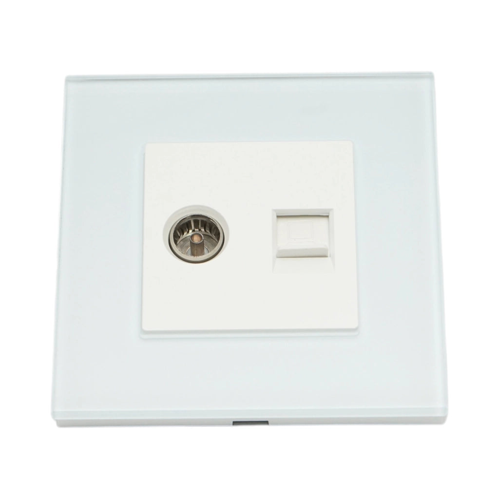 Presa TV + internet CAT5 RJ45, cornice in vetro bianco 86x86mm