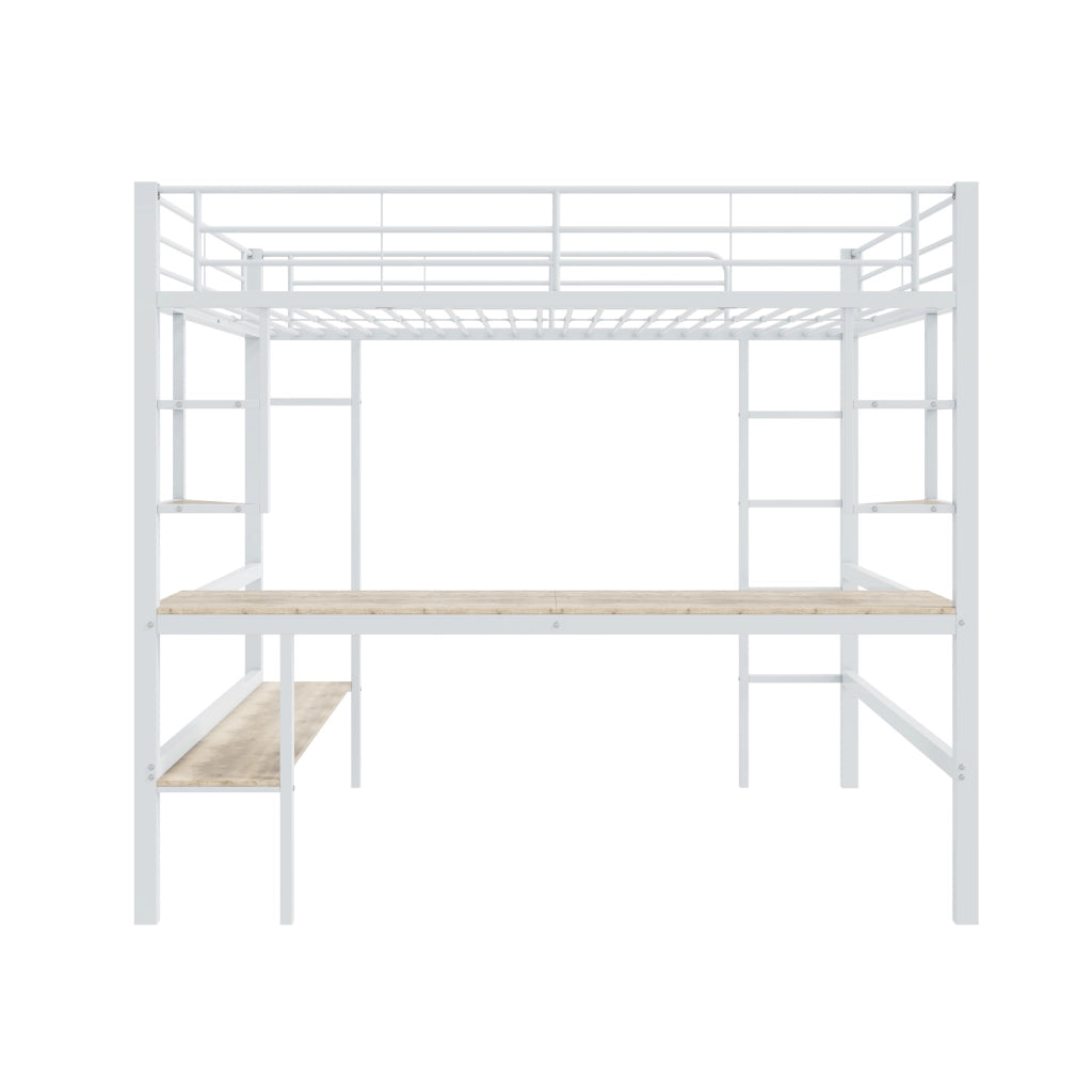 Letto a castello bianco in metallo con scrivania e scaffali 140x200 cm