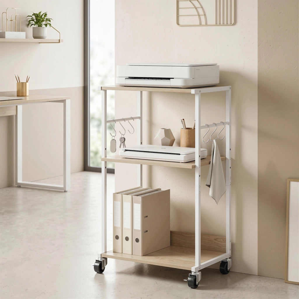 Cassettiera a 3 Livelli con Ruote e Ganchi ¨C Minimal ¨C Legno Naturale e Metallo