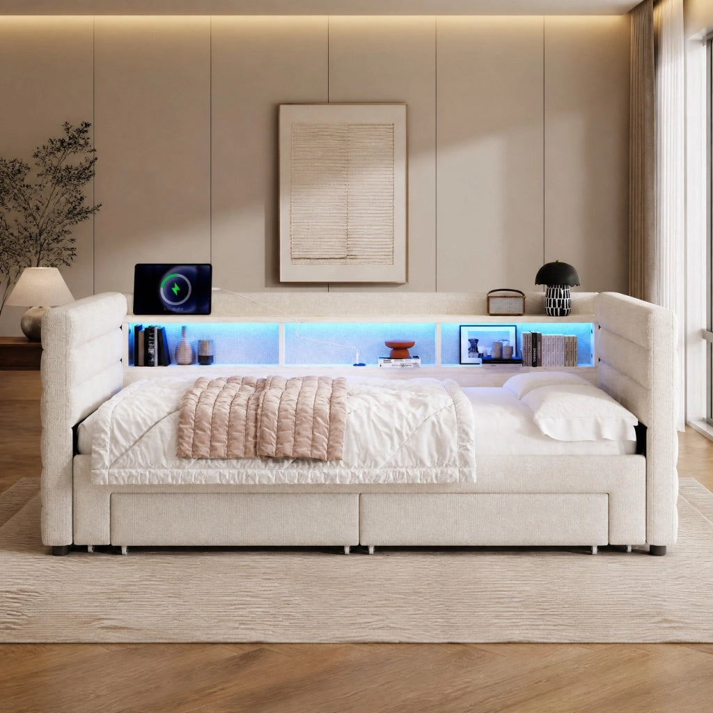 LETTO estraibile 90x190 cm in velluto beige con cassetti e luci LED