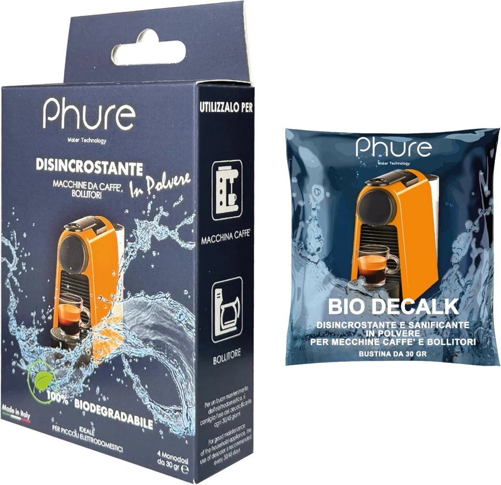 PHURE Decalcificante in Polvere Monodose per Macchina da Caffè, Bollitori, piccoli elettrodomestici, compatibile con tutte le macchine da caffè, 100% Biodegradabile, Ecologico Made in Italy