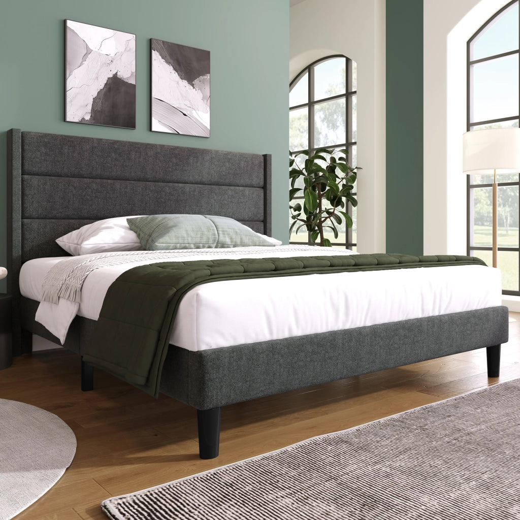Letto imbottito 140 x 200 cm, struttura letto con rete a doghe e testiera, letto matrimoniale imbottito, rivestimento in tessuto di lino grigio scuro,