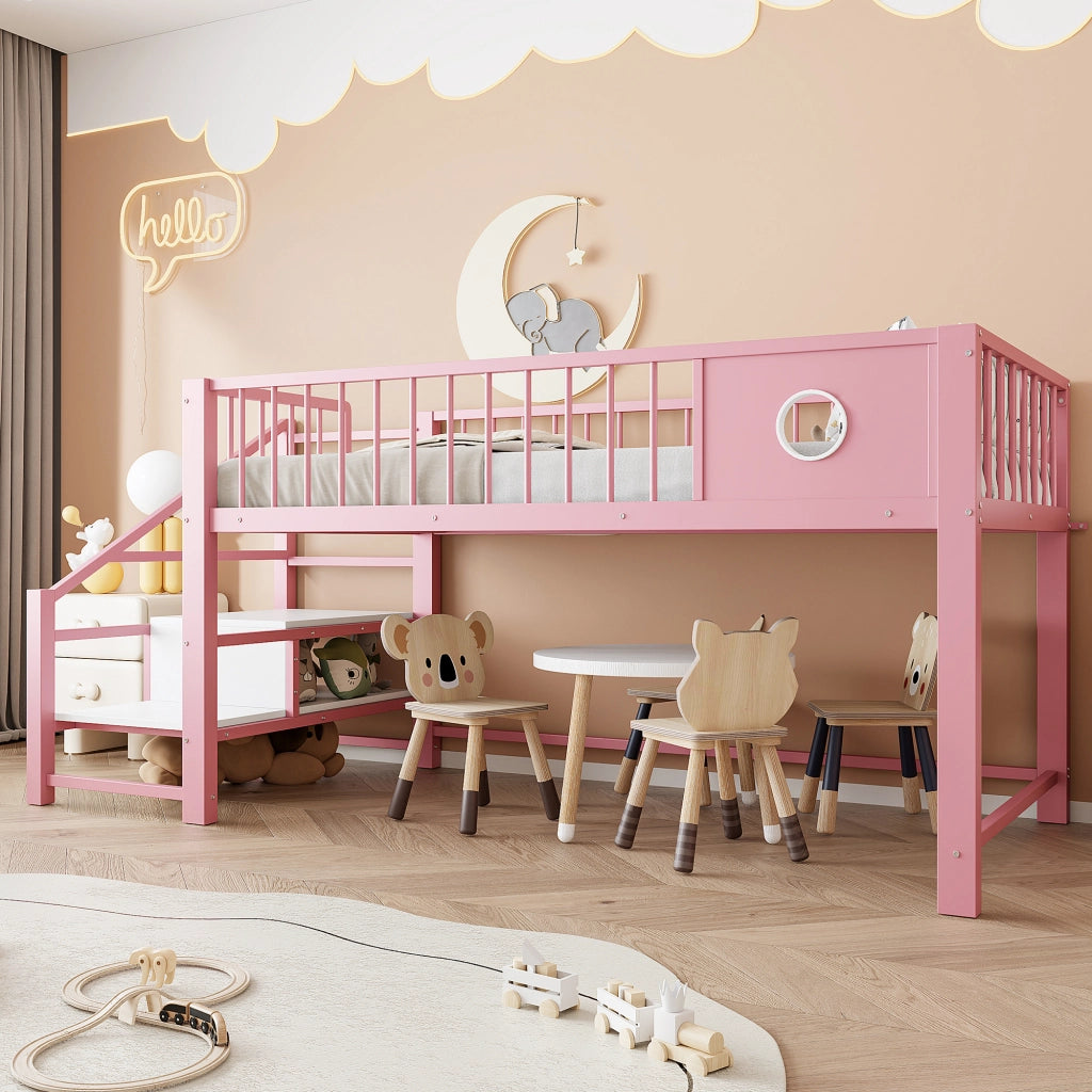 DESMIU Letto a soppalco bambino 90 × 200 cm con scala contenitore, senza materasso, in metallo, rosa