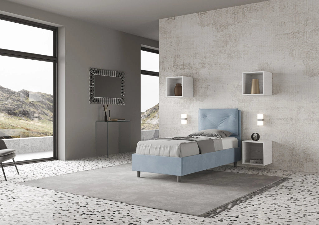 BS COM Letto singolo senza rete imbottito 80x190 microfibra azzurro