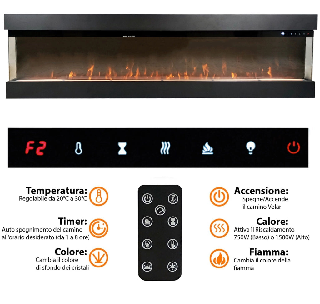 Camino Elettrico da Parete o Incasso Velar 182x20x48 cm Effetto Fiamma Telecomando in MDF Nero Opaco
