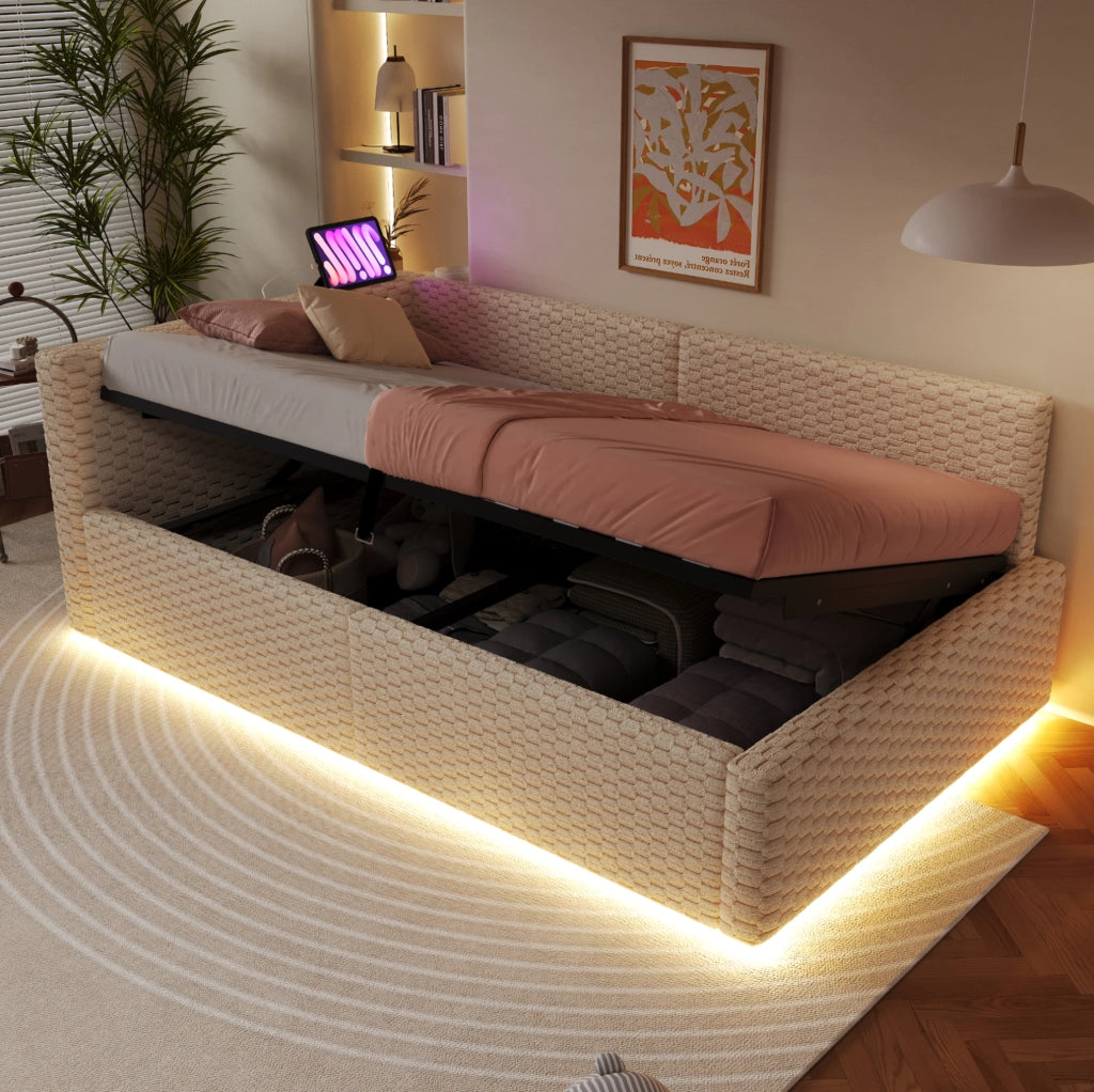 Letto imbottito 90x200 cm con vano contenitore, LED e porte USB/Type-C