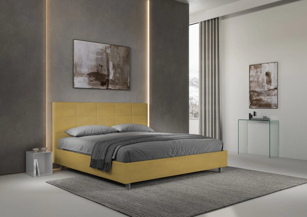 BS COM Letto matrimoniale king size contenitore imbottito 190x190 microfibra ocra