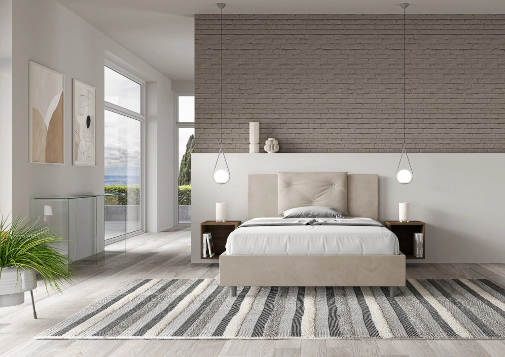 BS COM Letto una piazza e mezza con rete imbottito 130x210 microfibra sabbia