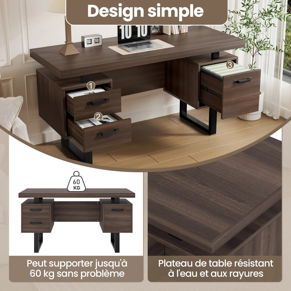 Scrivania lineare con 2 cassetti e vano portadocumenti; per ufficio; 135×54×76 cm; in MDF e metallo; marrone