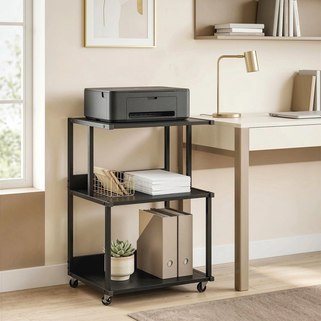 Mobile Supporto Stampante 3 livelli 50x40x75 cm con Ruote e Ripiani in Metallo Nero