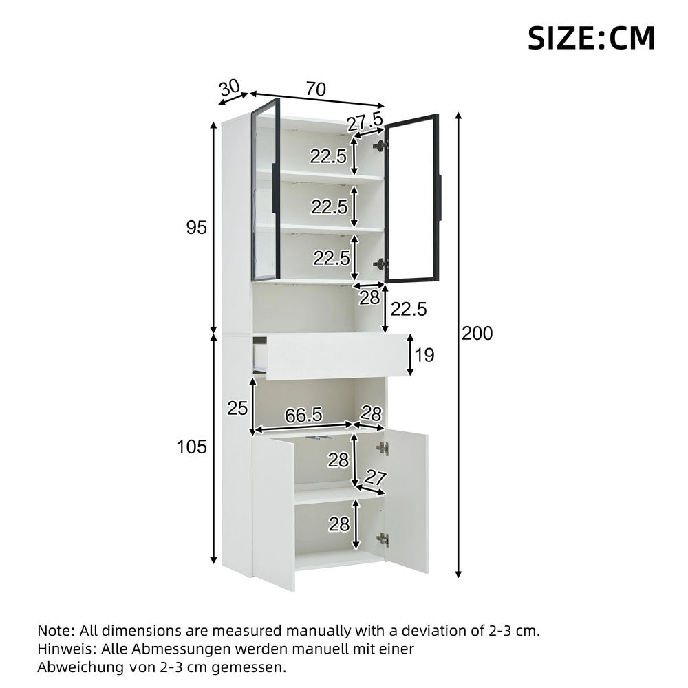 Libreria Vetrina con Cassetti, Ante in Vetro e LED ¨C Xylo ¨C Bianco 70x30x200