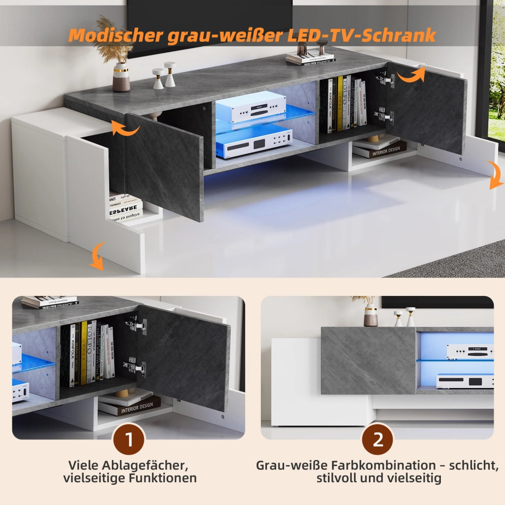 MOBILE TV 180x40x46,5 cm MDF Bianco e Grigio con LED e 4 ante