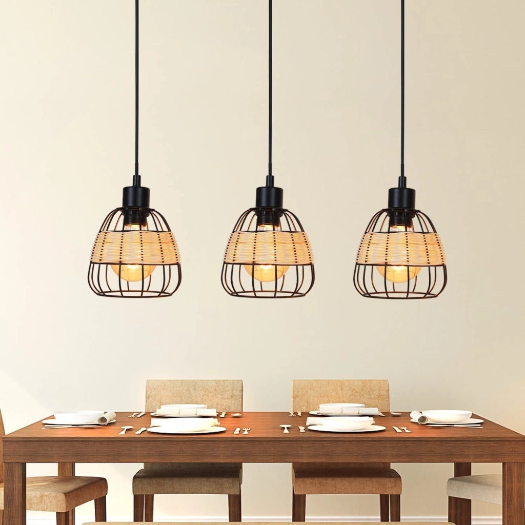 Lampada a Sospensione ZMH 3 luci nera E27 vintage retr¨° paralume rattan metallo industriale per sala da pranzo