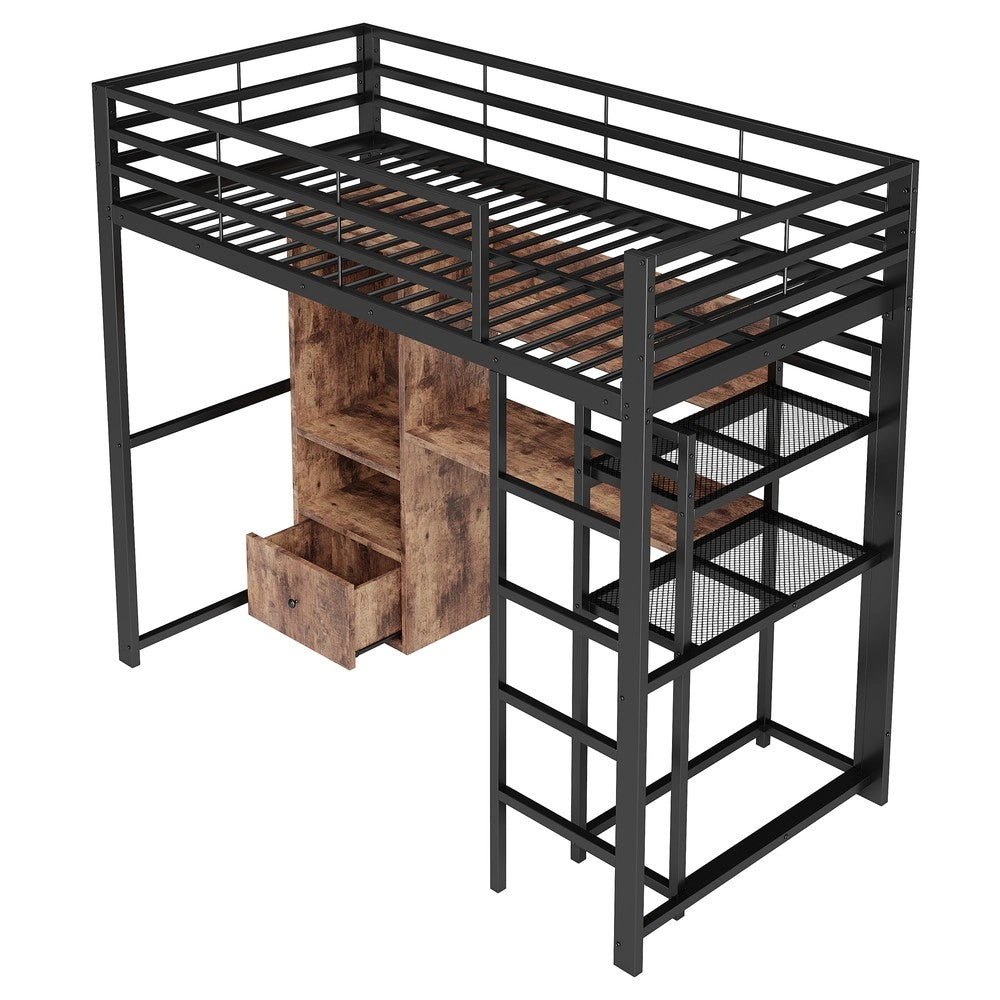 Letto a Soppalco con Scrivania e LED ¨C MINIMAL ¨C Metallo Nero 90x200, Cassetti, Rete a Doghe