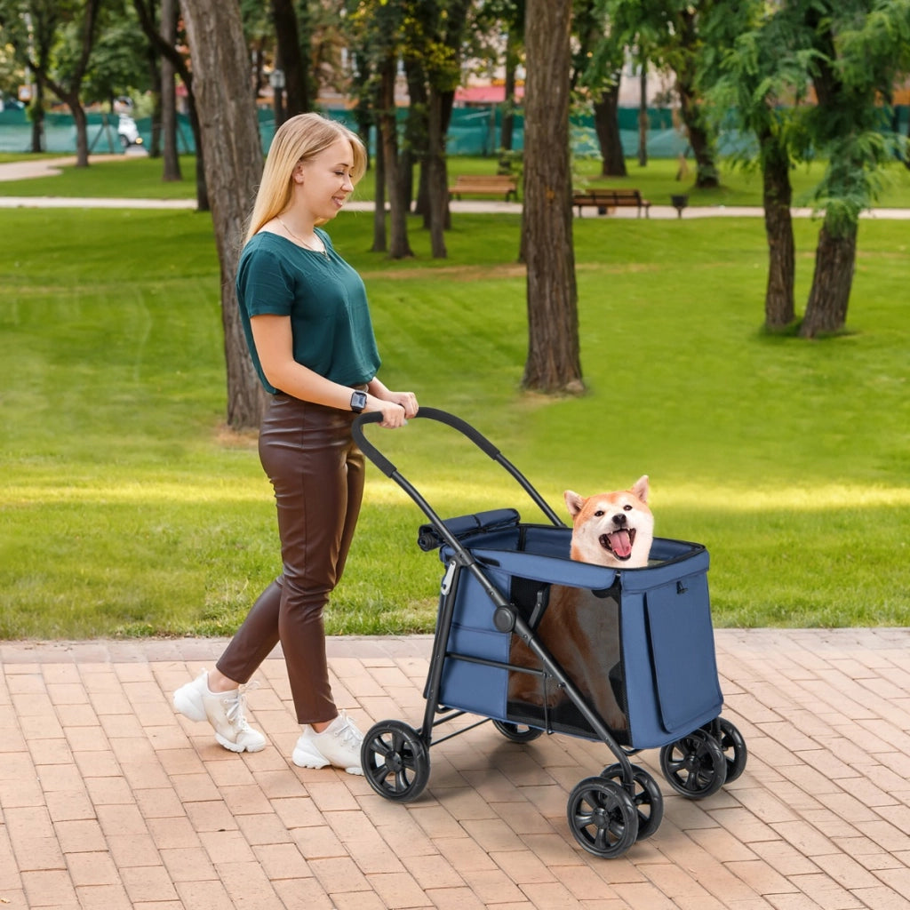 Carrello pieghevole per animali domestici, Passeggino per cani e gatti a 4 ruote con lucernario tasche Blu scuro-Giochi e accessori per cani