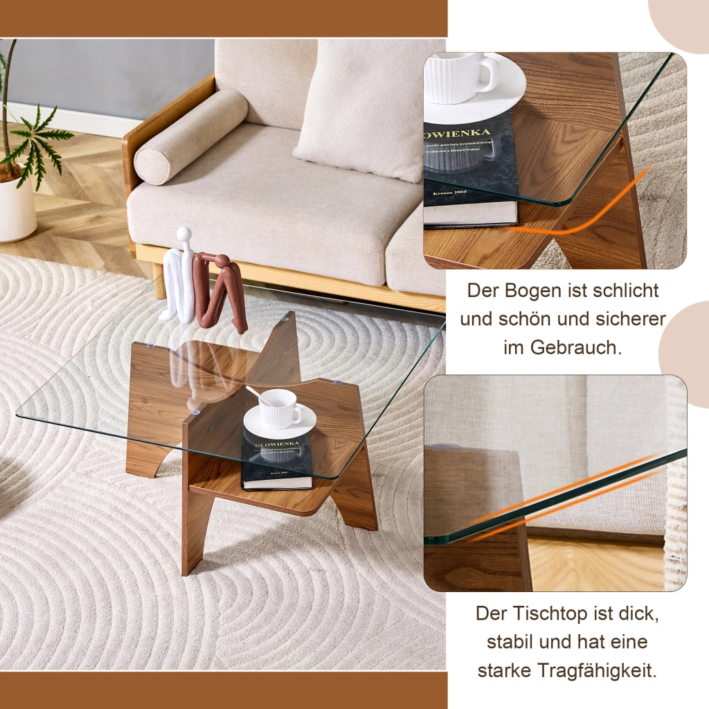 Tavolino/tavolino da caff¨¨ moderno di forma quadrata, realizzato in vetro temperato ¨C lati di 80 cm. Gambe in MDF con finitura effetto noce. Ideale pe