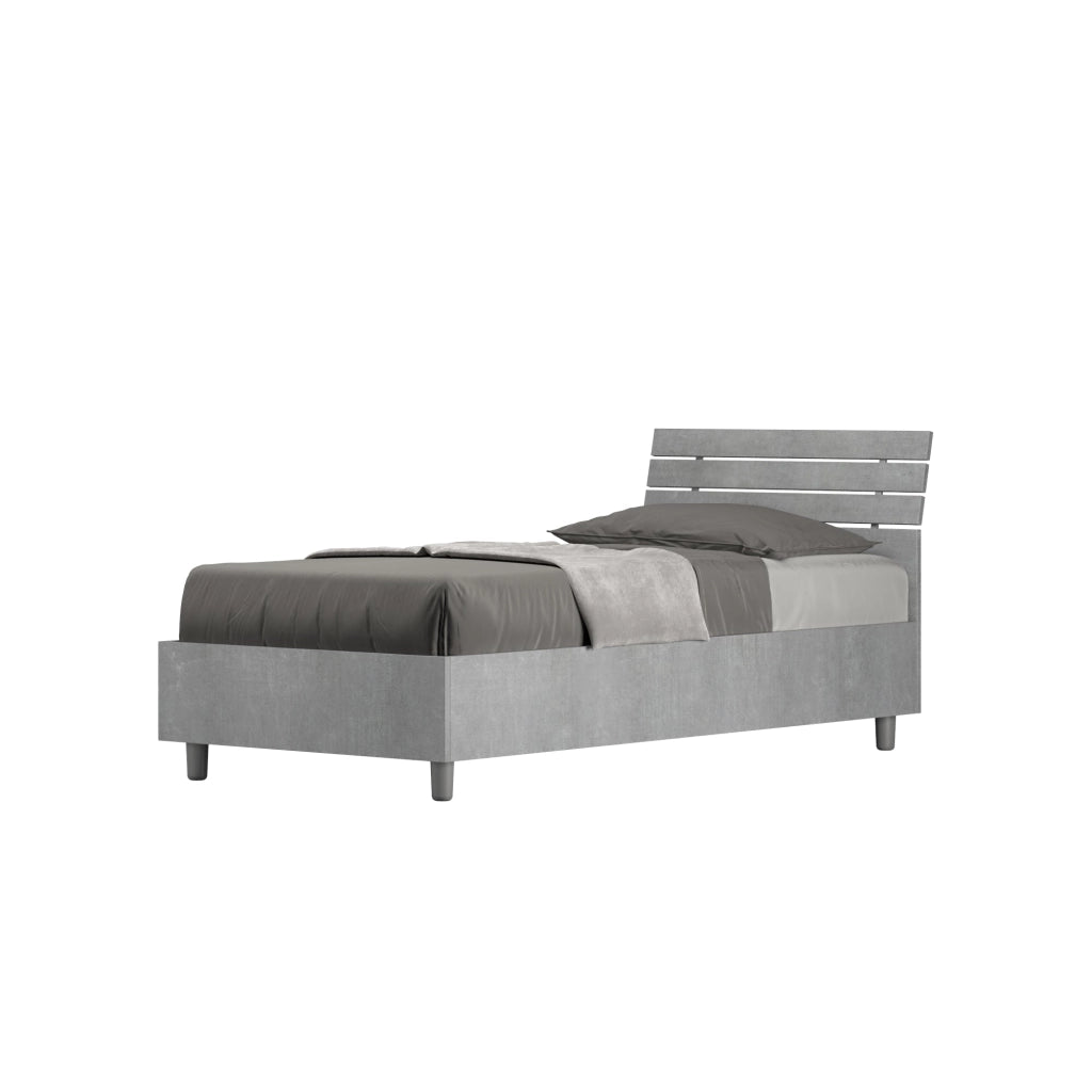 Letto Singolo 80x190 cm con Rete e Contenitore Ankel Testata Doghe Inclinata Cemento