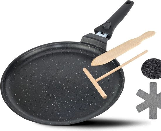 Pannetto per crêpe e pannocchie in acciaio inossidabile con rivestimento in induzione, 28 cm, con distributore di impasto e cucchiaio in legno.