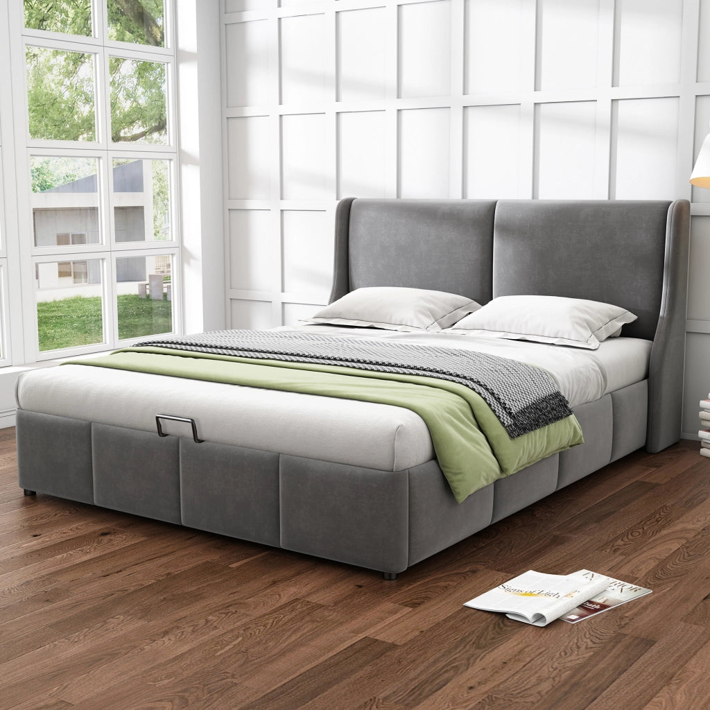 Letto imbottito matrimoniale 160x200 grigio con contenitore e sollevamento idraulico