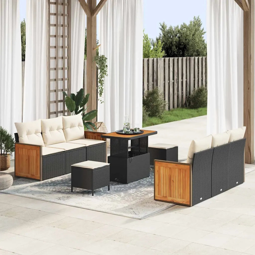 Set Divano da Giardino 11 pcs Nero e Crema polyrattan