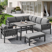 OKWISH Set da 5 mobili da giardino con divano angolare, poltrona, panca e tavolo, Metallo e Poliestere Grigio