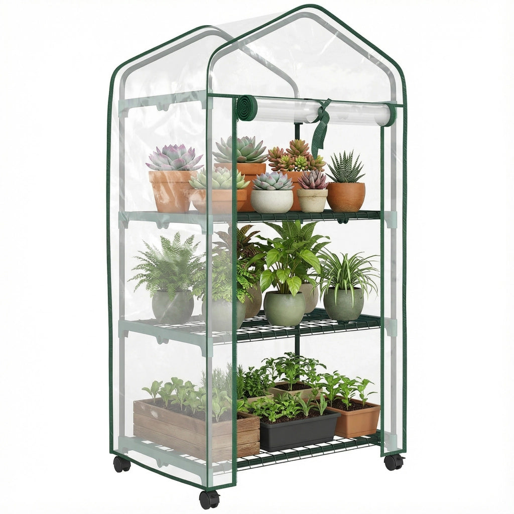 Serra da giardino mini con 3 ripiani ¨C Xylo ¨C PVC trasparente con ruote 69x49x130 cm