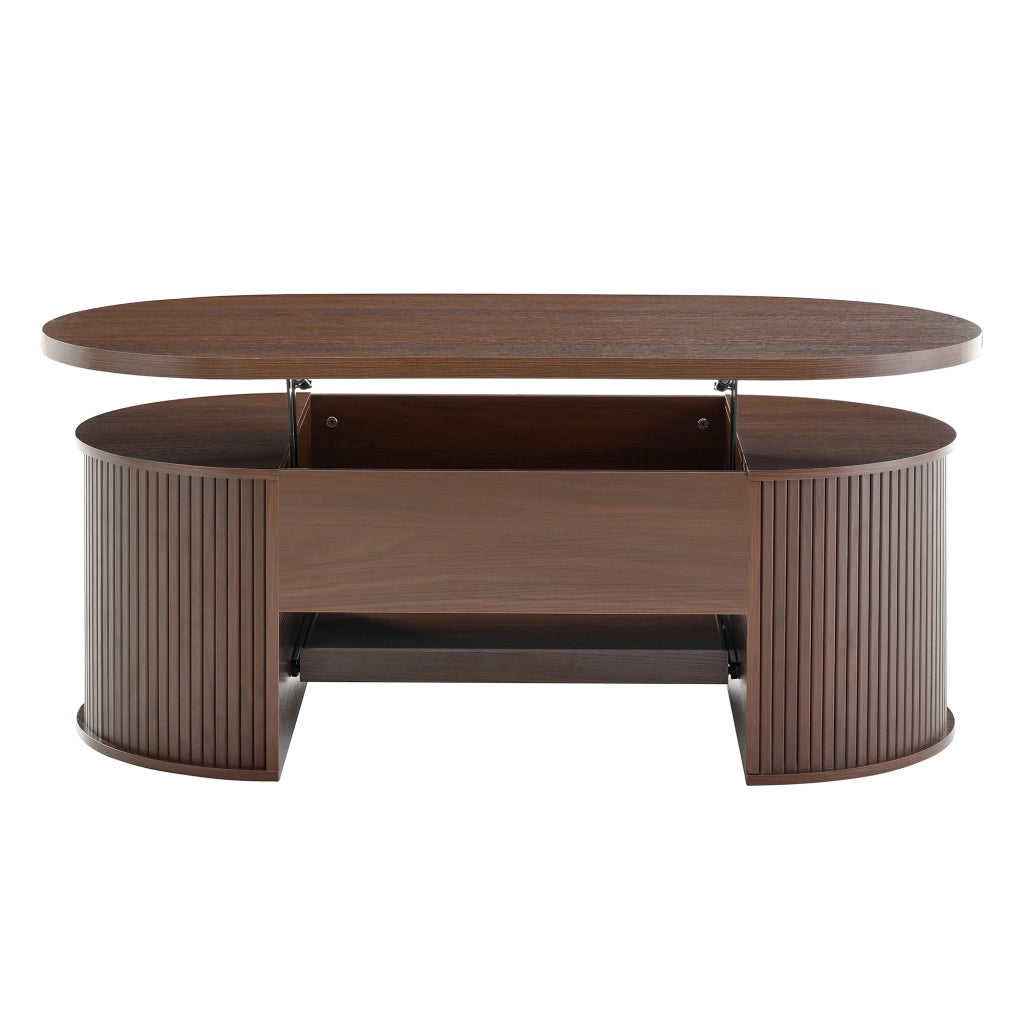 Tavolino da salotto sollevabile con spazio contenitivo e ripiano scorrevole per soggiorno, in MDF, noce naturale, 110 × 55,5 × 40 cm