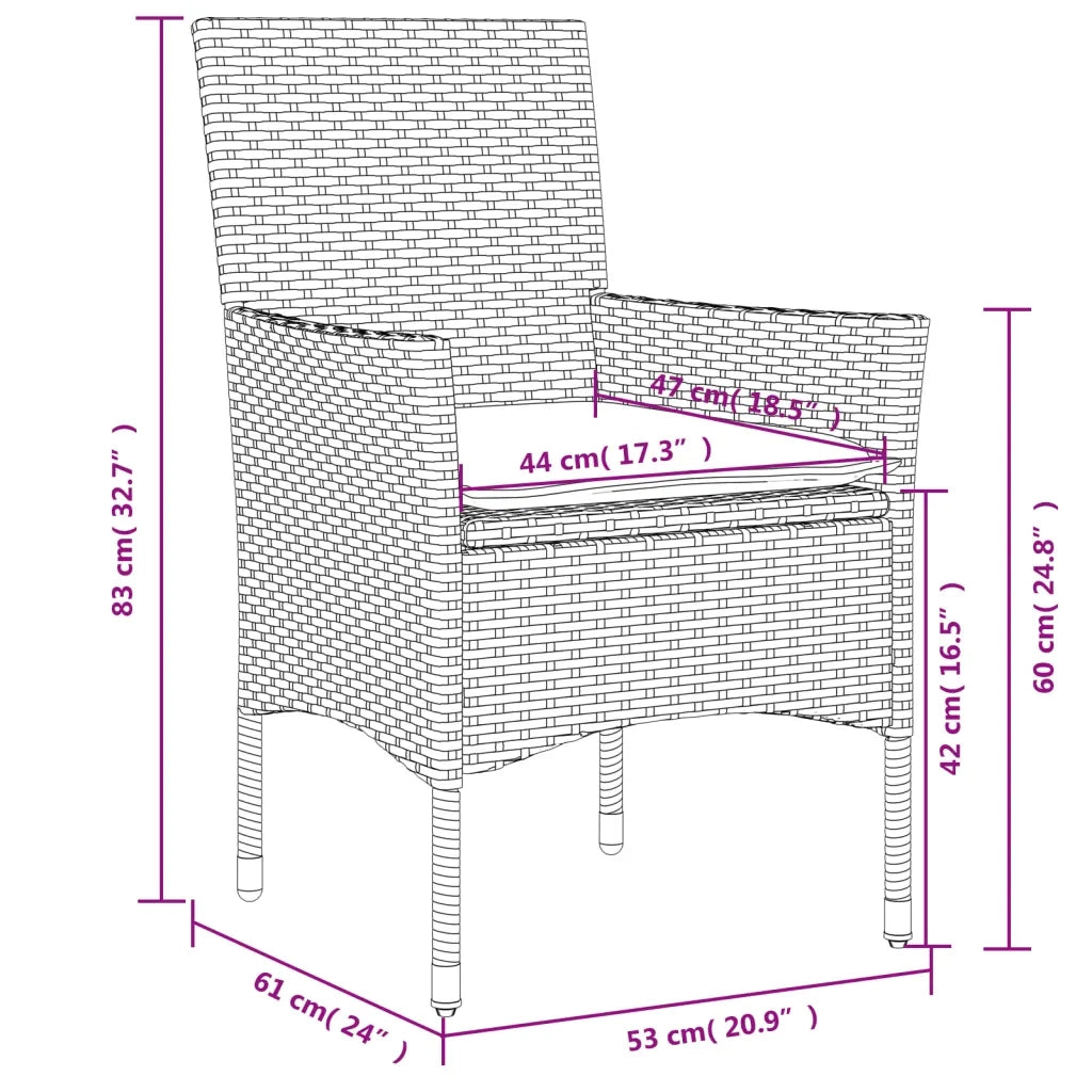 Set da Pranzo da Giardino 3pz con Cuscini in Polyrattan e Vetro 3278605