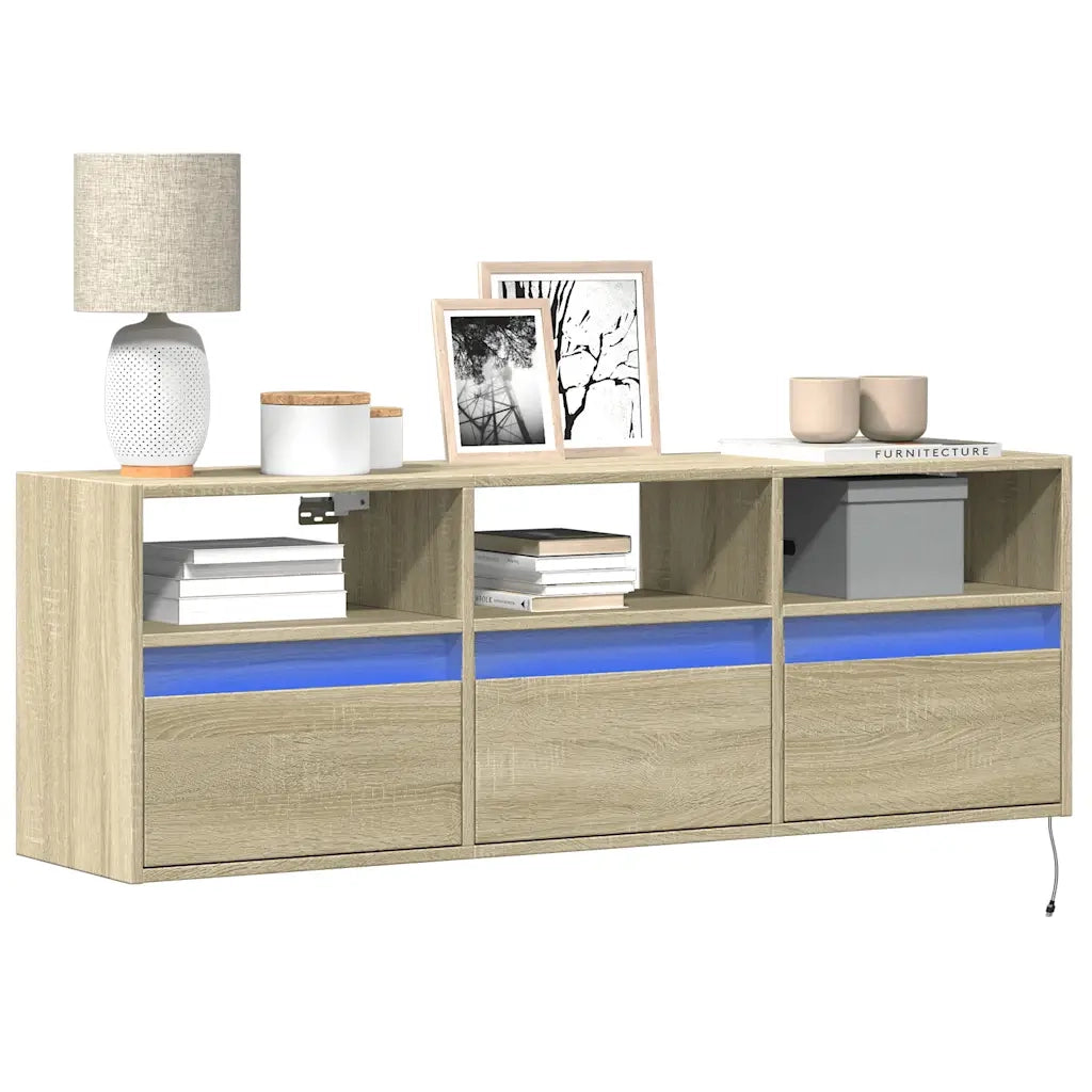 Mobile TV a Parete con Luci LED Rovere Sonoma 130x31x45 cm 852343