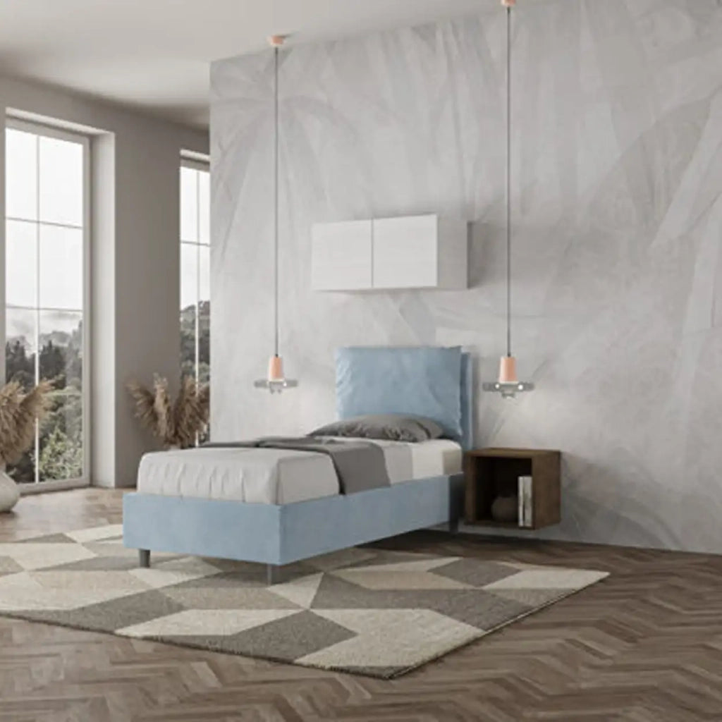 Letto singolo con rete imbottito 80x190 microfibra azzurro Antea