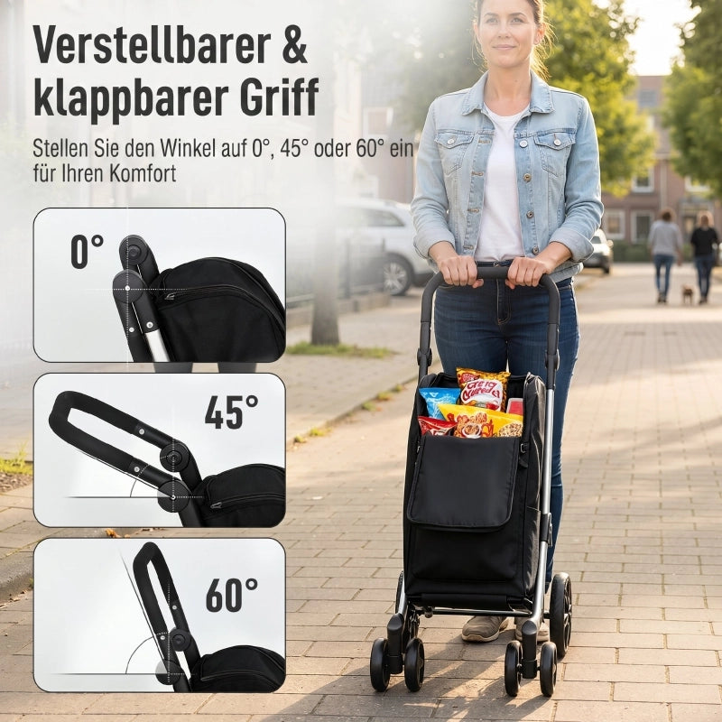 Carrello della spesa, borsa da 46 litri, carrello pieghevole con borsa termica, maniglia regolabile, telaio in alluminio, nero