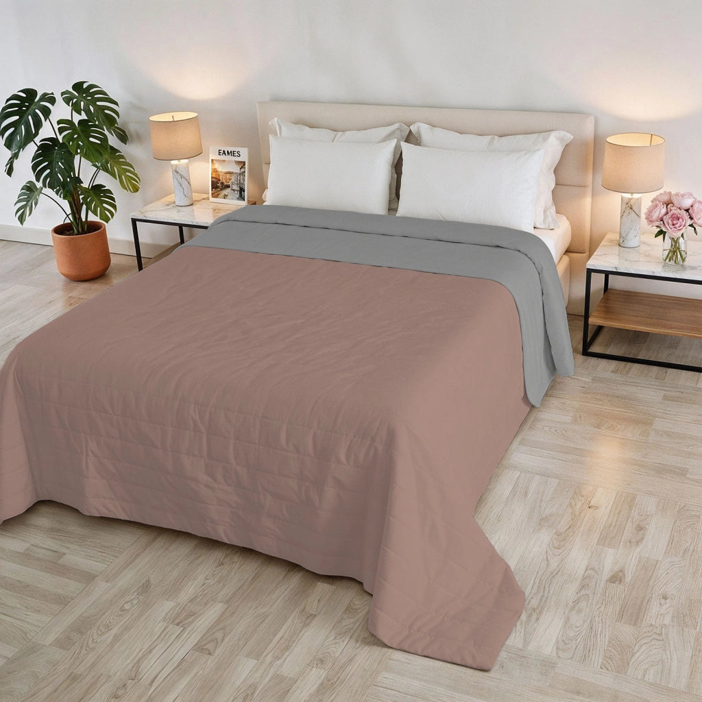 Trapuntino Estivo Double Face Effetto Water Washed Matrimoniale 260x250 cm in Poliestere Rosa Antico e Grigio Chiaro