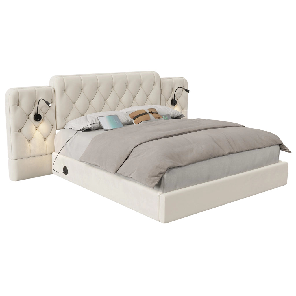 Letto contenitore matrimoniale 160×200 cm con USB; luci da lettura e materasso non incluso; velluto beige